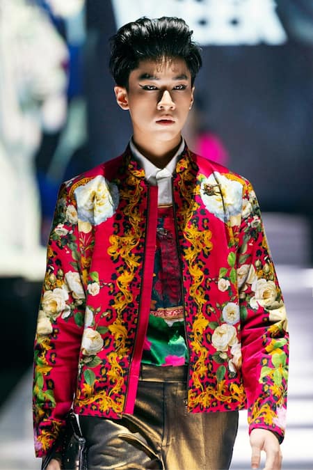 Buy MR. Ajay Kumar Pink Cotton Satin, Lycra Wild Monarch Print Bomber Jacket Buy_MR. Ajay Kumar_Pink Cotton Satin, Lycra Wild Monarch Print Bomber Jacket