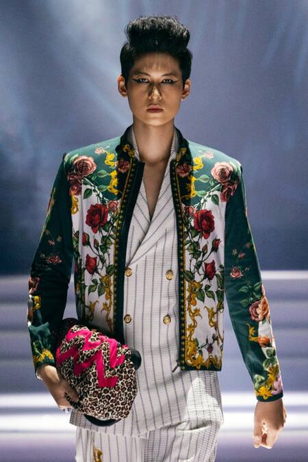 Buy_MR. Ajay Kumar_Green Cotton Satin, Lycra Echoes Print Bomber Jacket _Online_at_Aza_Fashions