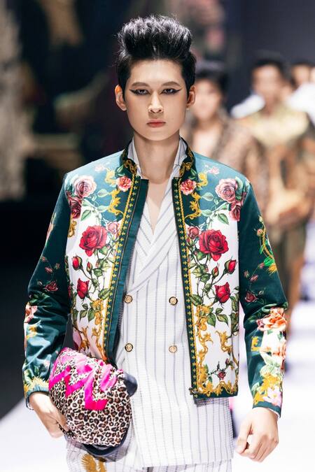 Shop_MR. Ajay Kumar_Green Cotton Satin, Lycra Echoes Print Bomber Jacket _Online_at_Aza_Fashions