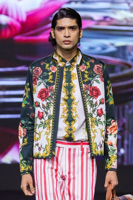 MR. Ajay Kumar_Green Cotton Satin, Lycra Echoes Print Bomber Jacket _at_Aza_Fashions