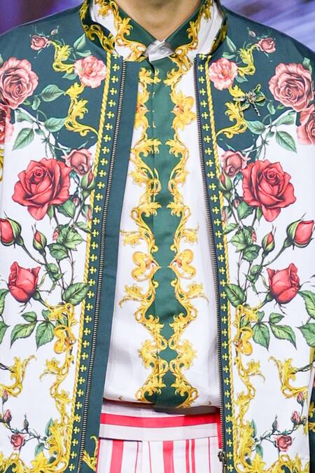 Buy_MR. Ajay Kumar_Green Cotton Satin, Lycra Echoes Print Bomber Jacket 