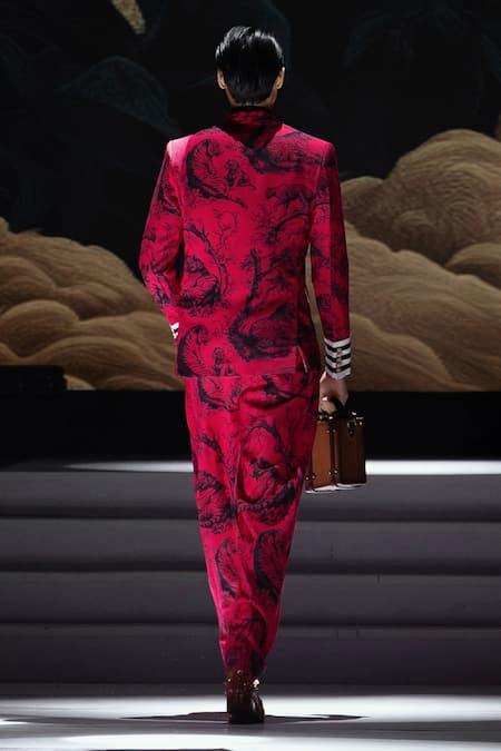 MR. Ajay Kumar Juoy Red Double Breasted Printed Blazer 