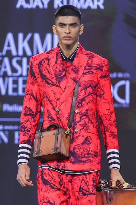 Buy_MR. Ajay Kumar_Red Cotton Satin, Lycra Juoy Double Breasted Printed Blazer _Online_at_Aza_Fashions