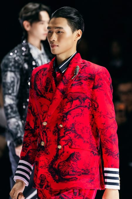 MR. Ajay Kumar_Red Cotton Satin, Lycra Juoy Double Breasted Printed Blazer _at_Aza_Fashions