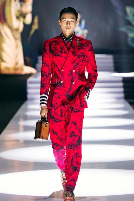 Buy_MR. Ajay Kumar_Red Cotton Satin, Lycra Juoy Double Breasted Printed Blazer 