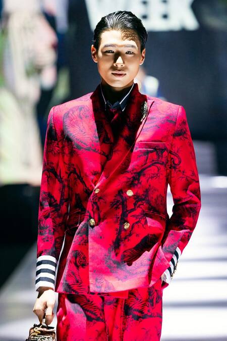 MR. Ajay Kumar Juoy Red Double Breasted Printed Blazer 