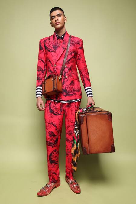 MR. Ajay Kumar_Red Cotton Satin, Lycra Foil Printing Juoy Double Breasted Printed Suit Set _Online_at_Aza_Fashions