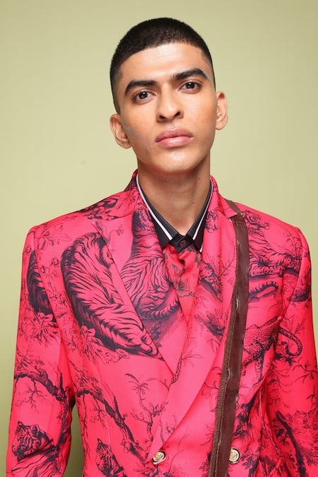 Shop_MR. Ajay Kumar_Red Cotton Satin, Lycra Foil Printing Juoy Double Breasted Printed Suit Set _Online_at_Aza_Fashions