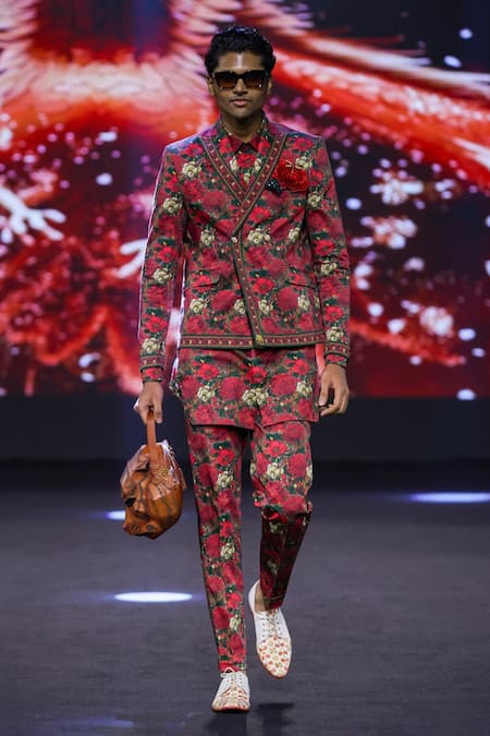 Buy_MR. Ajay Kumar_Red Cotton Satin, Lycra Roman Double Breasted Printed Blazer _Online_at_Aza_Fashions