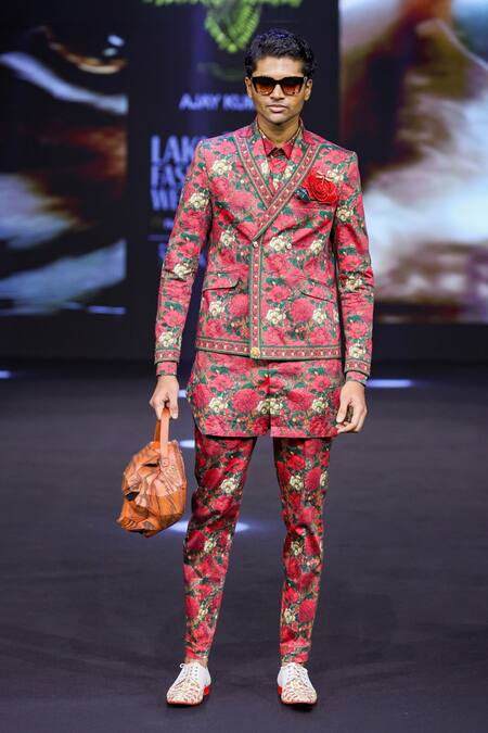 Shop_MR. Ajay Kumar_Red Cotton Satin, Lycra Roman Double Breasted Printed Blazer _Online_at_Aza_Fashions