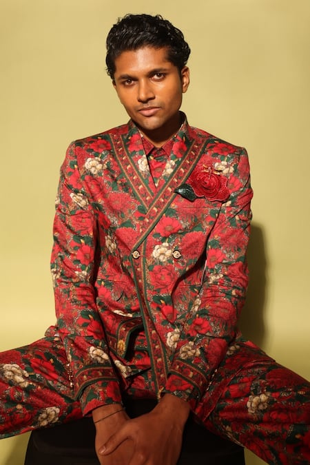 MR. Ajay Kumar_Red Cotton Satin, Lycra Roman Double Breasted Printed Blazer _at_Aza_Fashions