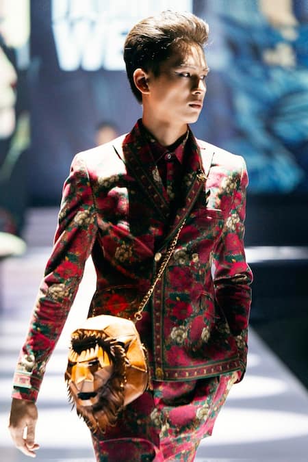 Buy_MR. Ajay Kumar_Red Cotton Satin, Lycra Roman Double Breasted Printed Blazer 