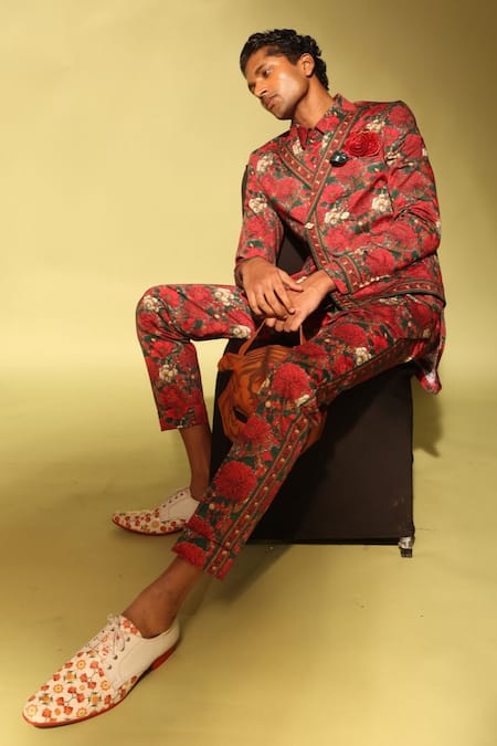 MR. Ajay Kumar_Red Cotton Satin, Lycra Roman Double Breasted Printed Suit Set _Online_at_Aza_Fashions