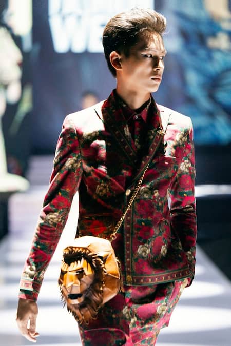 Buy_MR. Ajay Kumar_Red Cotton Satin, Lycra Roman Double Breasted Printed Suit Set _Online_at_Aza_Fashions