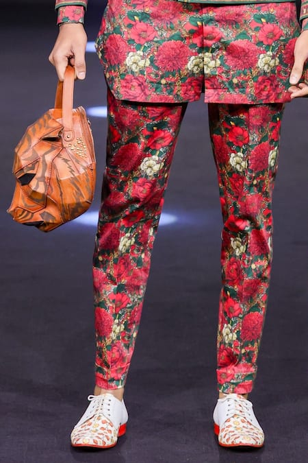 Shop_MR. Ajay Kumar_Red Cotton Satin, Lycra Roman Double Breasted Printed Suit Set _Online_at_Aza_Fashions