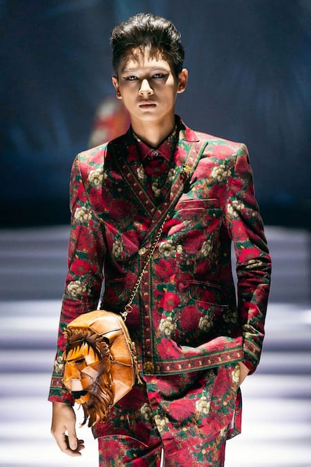 MR. Ajay Kumar_Red Cotton Satin, Lycra Roman Double Breasted Printed Suit Set _at_Aza_Fashions