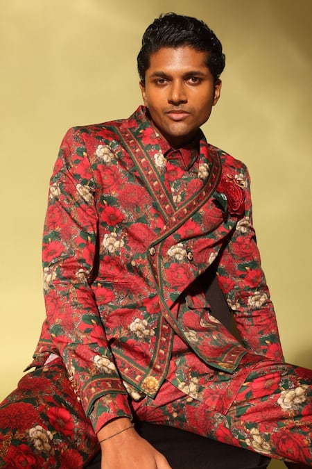 Buy_MR. Ajay Kumar_Red Cotton Satin, Lycra Roman Double Breasted Printed Suit Set 