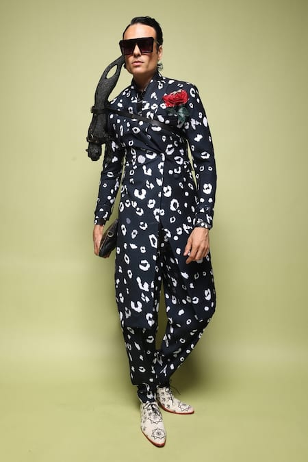 MR. Ajay Kumar_Black Polyester Jubatus Cheetah Print Trenchcoat Set _Online_at_Aza_Fashions