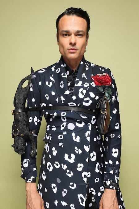 Shop_MR. Ajay Kumar_Black Polyester Jubatus Cheetah Print Trenchcoat Set _Online_at_Aza_Fashions