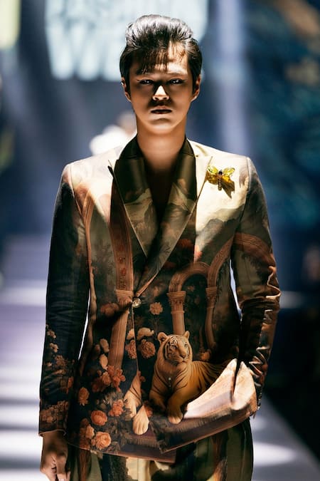 Buy_MR. Ajay Kumar_Brown Polyester Foil Printing Doric Double Breasted Suit Set _Online_at_Aza_Fashions