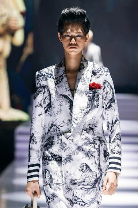 Buy_MR. Ajay Kumar_White Polyester Daryl Double Breasted Printed Blazer _Online_at_Aza_Fashions