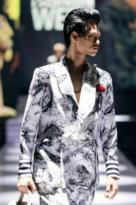 Shop_MR. Ajay Kumar_White Polyester Daryl Double Breasted Printed Suit Set _Online_at_Aza_Fashions