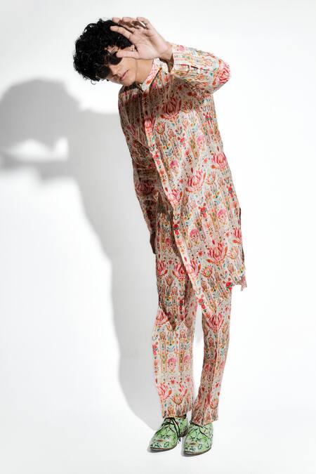 MR. Ajay Kumar_Beige Silk, Linen Ambar Print Kurta Set _Online_at_Aza_Fashions