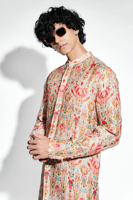 Buy_MR. Ajay Kumar_Beige Silk, Linen Ambar Print Kurta Set _Online_at_Aza_Fashions