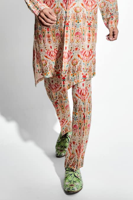 Shop_MR. Ajay Kumar_Beige Silk, Linen Ambar Print Kurta Set _Online_at_Aza_Fashions