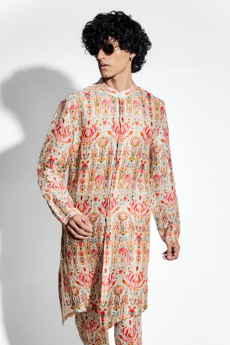 MR. Ajay Kumar_Beige Silk, Linen Ambar Print Kurta Set _at_Aza_Fashions