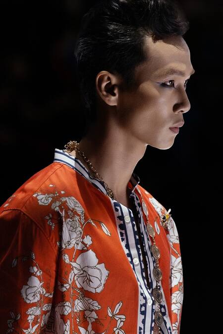 MR. Ajay Kumar_Orange Cotton Diso Signature Print Shirt _Online_at_Aza_Fashions