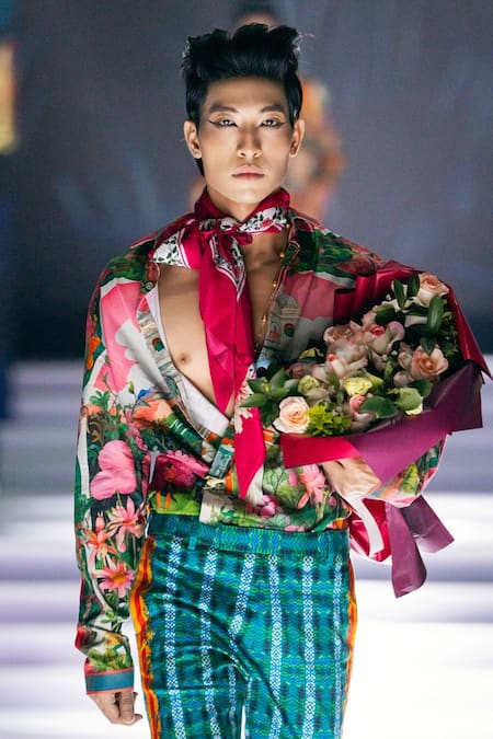 MR. Ajay Kumar Multi Color Cotton Minaret Signature Print Shirt Online at Aza Fashions MR. Ajay Kumar_Multi Color Cotton Minaret Signature Print Shirt _Online_at_Aza_Fashions