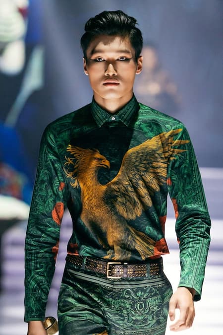 Shop_MR. Ajay Kumar_Green Cotton Rising Phoenix Print Shirt _Online_at_Aza_Fashions