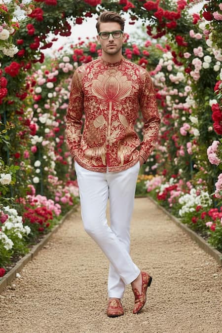 MR. Ajay Kumar Red Cotton Phelix Printed Shirt Online at Aza Fashions MR. Ajay Kumar_Red Cotton Phelix Printed Shirt _Online_at_Aza_Fashions
