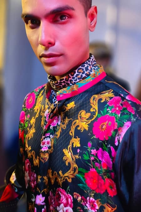 MR. Ajay Kumar_Black Silk Satin Samrat Printed Shirt _Online_at_Aza_Fashions