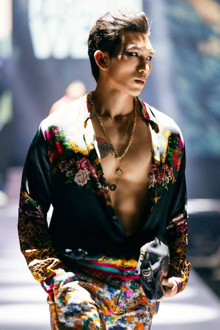 Shop_MR. Ajay Kumar_Black Silk Satin Samrat Printed Shirt _Online_at_Aza_Fashions