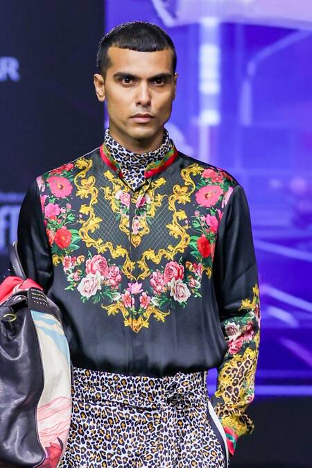 Buy_MR. Ajay Kumar_Black Silk Satin Samrat Printed Shirt 