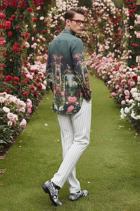 MR. Ajay Kumar_Green Linen Sacred Printed Shirt _Online_at_Aza_Fashions