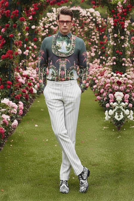 Buy_MR. Ajay Kumar_Green Linen Sacred Printed Shirt _Online_at_Aza_Fashions