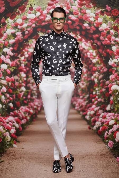MR. Ajay Kumar_Black Polyester, Silk Shabd Leopard Print Shirt _Online_at_Aza_Fashions