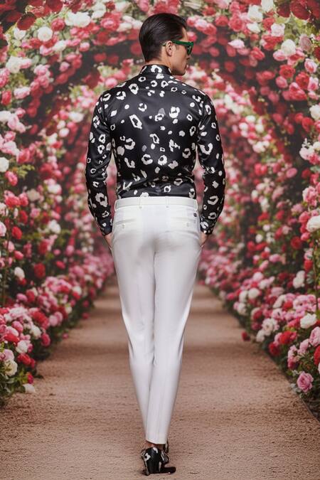 Buy_MR. Ajay Kumar_Black Polyester, Silk Shabd Leopard Print Shirt _Online_at_Aza_Fashions
