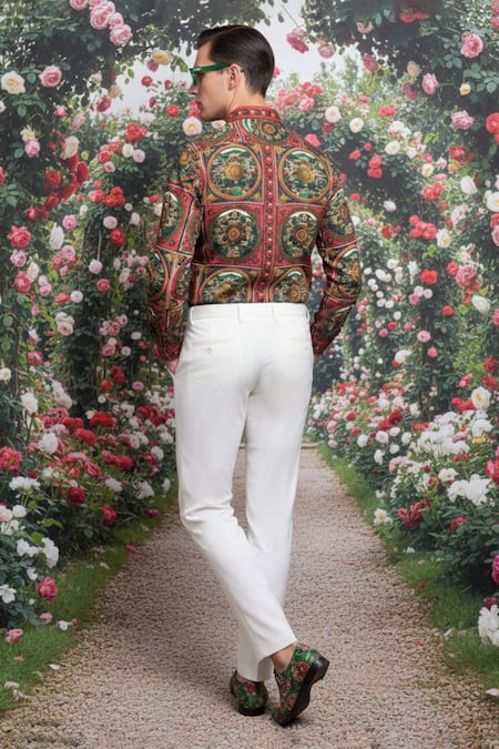 MR. Ajay Kumar Red Cotton Dome Signature Print Shirt Online at Aza Fashions MR. Ajay Kumar_Red Cotton Dome Signature Print Shirt _Online_at_Aza_Fashions