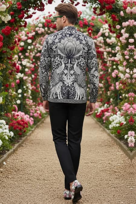 MR. Ajay Kumar_Black Cotton Phlick Printed Shirt _Online_at_Aza_Fashions