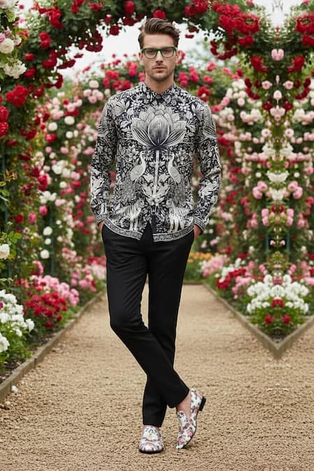 Buy_MR. Ajay Kumar_Black Cotton Phlick Printed Shirt _Online_at_Aza_Fashions