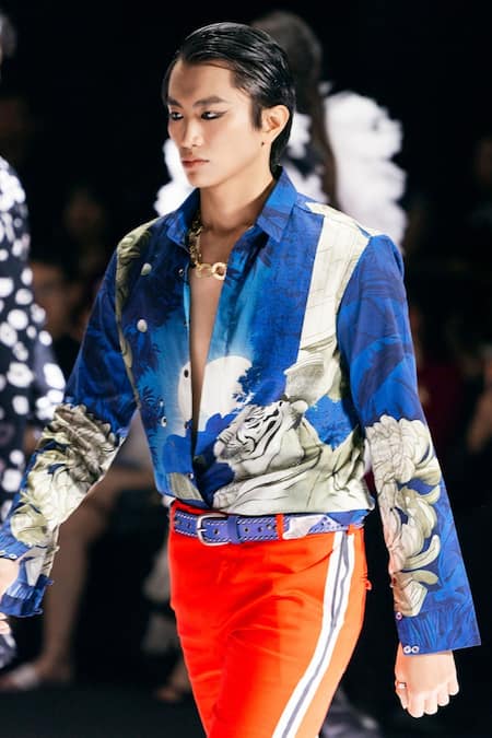 MR. Ajay Kumar_Blue Cotton Tiger Signature Print Shirt _Online_at_Aza_Fashions