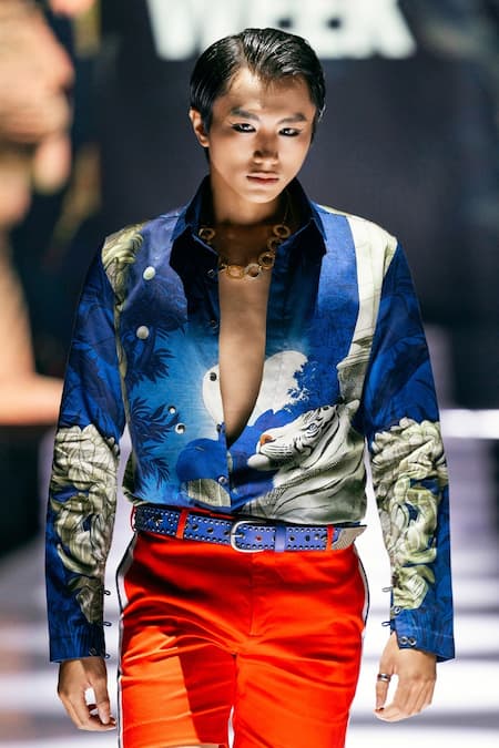 Buy_MR. Ajay Kumar_Blue Cotton Tiger Signature Print Shirt _Online_at_Aza_Fashions