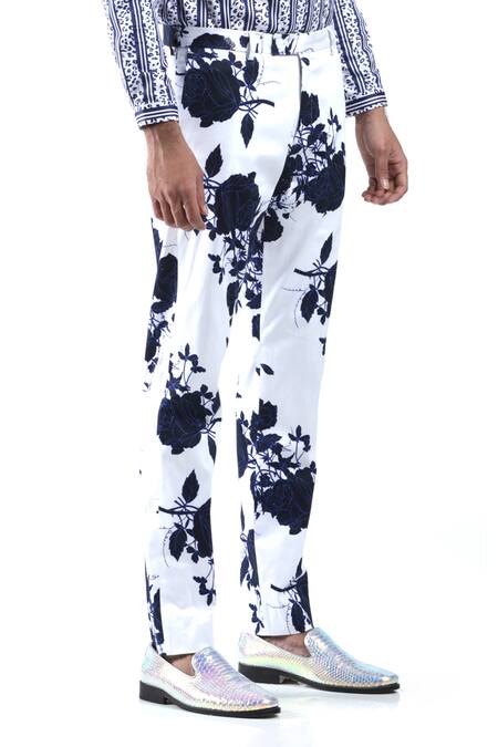 MR. Ajay Kumar_White Cotton Blue Rose Print Trouser _Online_at_Aza_Fashions