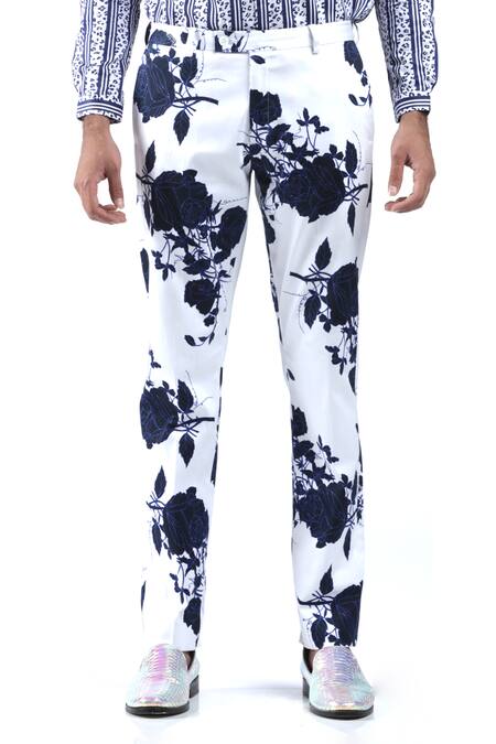 Buy_MR. Ajay Kumar_White Cotton Blue Rose Print Trouser _Online_at_Aza_Fashions