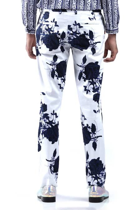 Shop_MR. Ajay Kumar_White Cotton Blue Rose Print Trouser _Online_at_Aza_Fashions