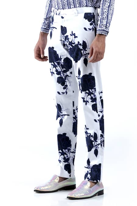 MR. Ajay Kumar_White Cotton Blue Rose Print Trouser _at_Aza_Fashions